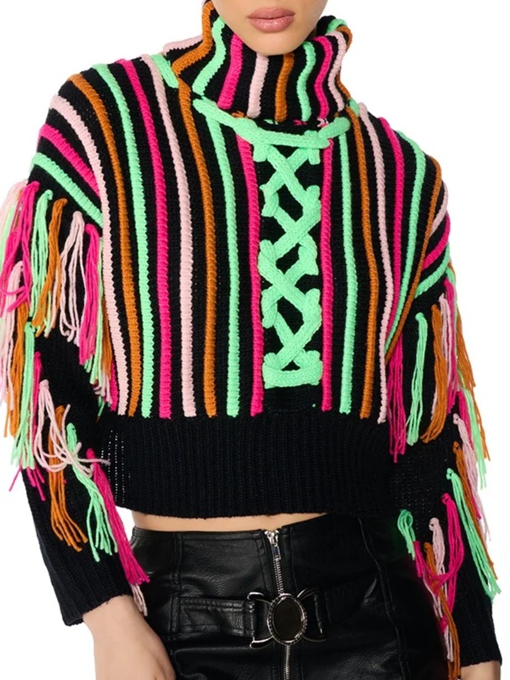 AKIRA Black Neon Stripe Fringe Turtleneck Sweater